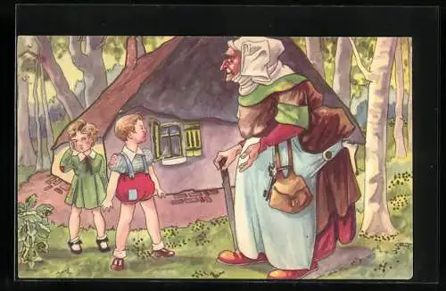 AK Hänsel und Gretel begegnen der Hexe