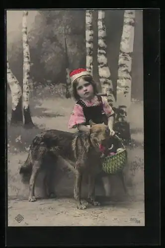 AK Rotkäppchen mit Korb und Hund