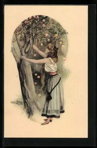 Künstler-Lithographie Frau Holle, Mädchen schüttelt Baum