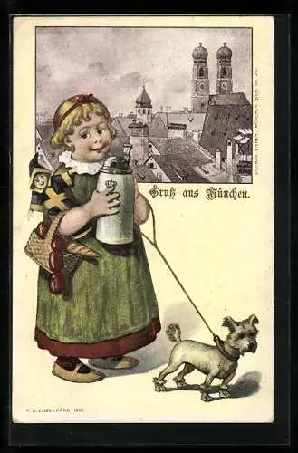 AK München, Mädchen mit Münchnerkindl-Puppe und Hund