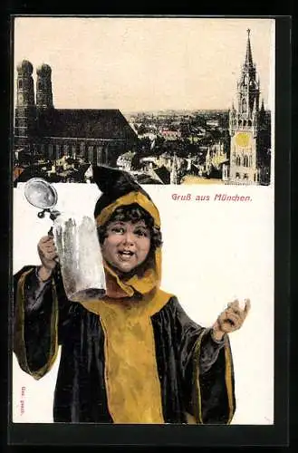 AK München, Teilansicht m. Dom, Münchner Kindl m. Krug