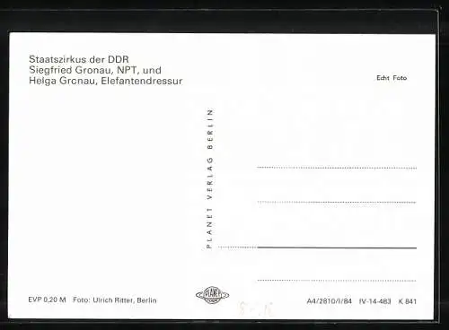 AK Staatszirkus der DDR, Siegfried Gronau, NPT, und Helga Gronau, Elefantendressur