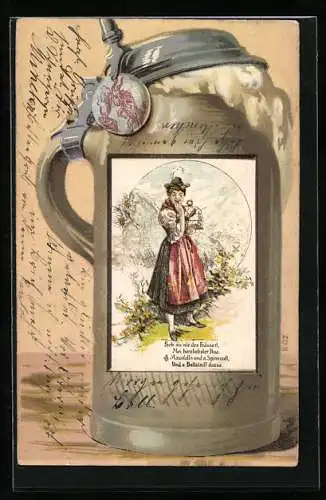 Passepartout-Lithographie schäumener Bierkrug mit §11 und Motiv von bayrischem Mädel