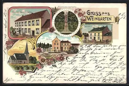 Lithographie Weingarten / Württ., Restaurant Clemens Wolfgarten, Heiligenhäuschen m. Muttergottes, Pastorat