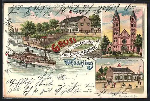 Lithographie Wesseling, Gasthof Zur schönen Aussicht mit Raddampfer Werstolz, Germanus-Kirche, Hauptstrasse