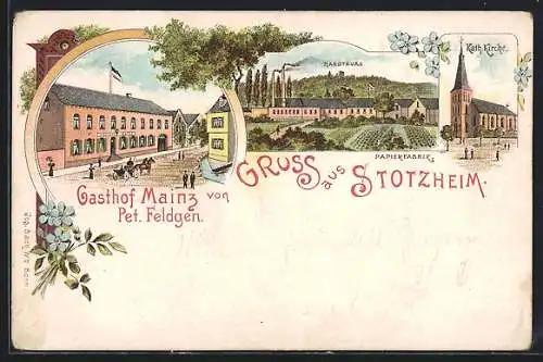 Lithographie Stotzheim, Gasthof Mainz v. Pet. Feldgen, Hardtburg und Papierfabrik, Kath. Kirche