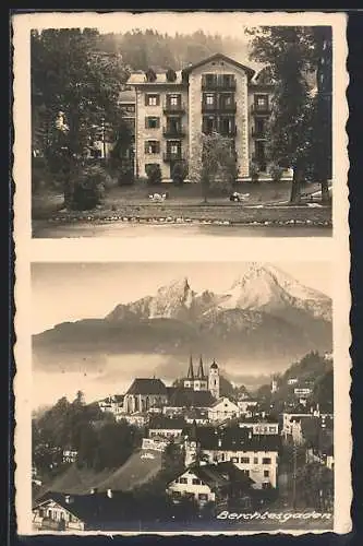 AK Berchtesgaden, Gasthaus Schwabenwirt, Teilansicht mit Watzmann