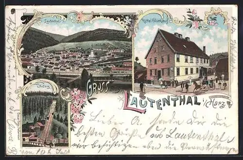 Lithographie Lautenthal, Panorama, Hotel Glückauf & Aufzug