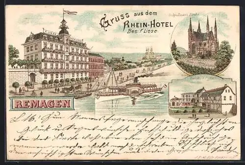 Lithographie Remagen, Rhein-Hotel, Stallung und Remise, Dampfer