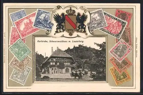 Passepartout-AK Karlsruhe, Schwarzwaldhaus mit Lauterberg, Wappen, Briefmarken Deutsches Reich