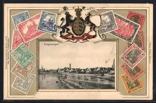Passepartout-AK Langenargen, Ortsansicht vom Wasser aus, Wappen, Briefmarken Deutsches Reich