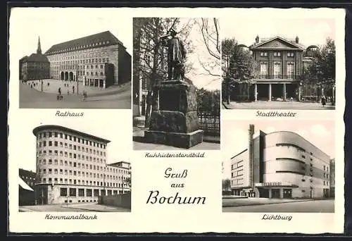 AK Bochum, Kino Lichtburg, Kommunalbank, Stadtheater, Kuhhirtenstandbild, Bauhaus