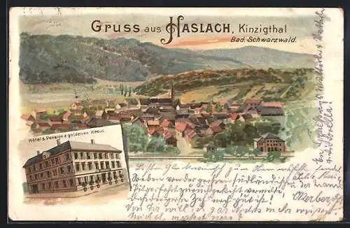 Lithographie Haslach / Schwarzwald, Ortspartie und Hotel & Pension z. goldenen Kreuz