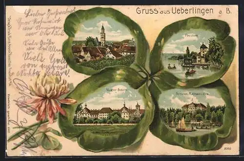 Passepartout-Lithographie Ueberlingen / Bodensee, Kloster Salem, Schloss Mainau u. See und Pavillon im Kleeblatt