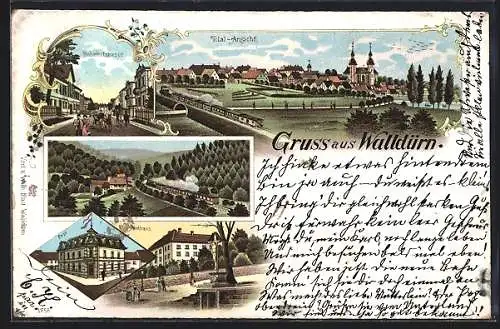 Lithographie Walldürn, Bahnhofstrasse, Post, Amtshaus, Totalansicht