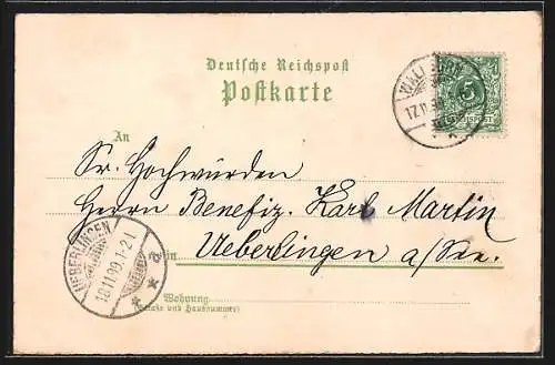 Lithographie Walldürn, Bahnhofstrasse, Post, Amtshaus, Totalansicht