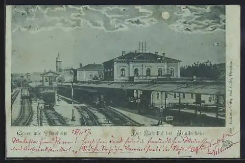 Mondschein-AK Pforzheim, Der Bahnhof bei Vollmond, Panorama mit Gleisen aus der Vogelschau