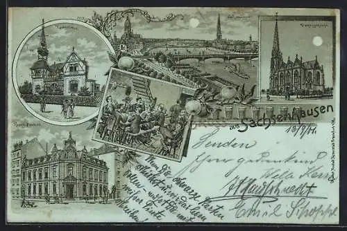 Mondschein-Lithographie Sachsenhausen, Ruderhaus, Dreikönigskirche, Gasthaus-Szene