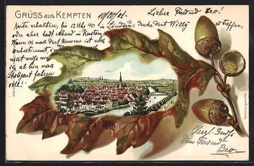 Passepartout-Lithographie Kempten / Allgäu, Teilansicht der Stadt auf einem Eichenblatt