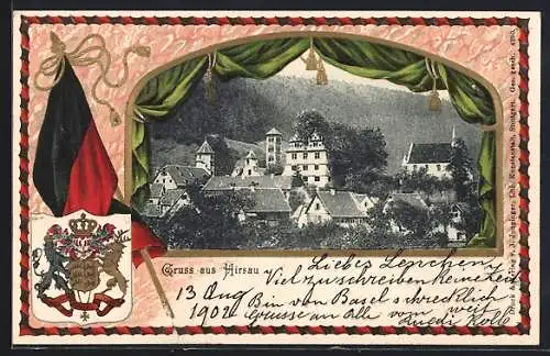 Passepartout-Lithographie Hirsau, Teilansicht der Ortschaft, Wappen und Fahne