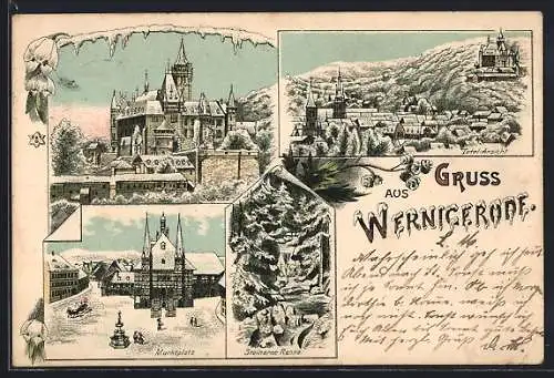 Winter-Lithographie Wernigerode, Schloss, Marktplatz, Steinerne Renne