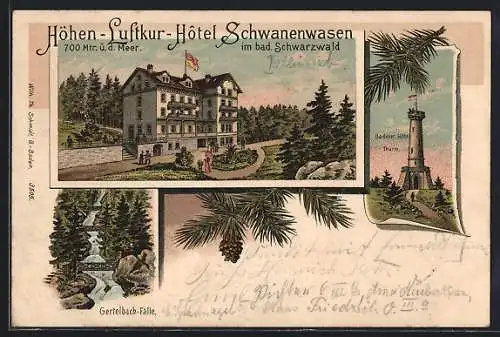 Lithographie Bühl-Sand / Baden, Hotel Schwanenwasen, Turm auf der Badener Höhe, Gertelbach-Fälle