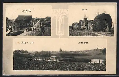 AK Satow /Doberan, Panorama, Strassenpartie in Alt-Satow, Ruine