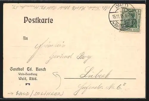 AK Wald /Solingen, Gasthof Ed. Busch, Inneres Saal, Kirche und Kriegerdenkmal