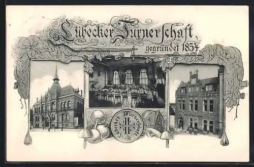 AK Lübeck, Lübecker Turnerschaft gegründet 1854, Vereinshaus, Inneres Saal, Rathaus