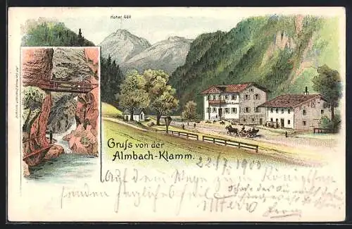 Lithographie Marktschellenberg, Gasthaus Almbach-Klamm, Hoher Göll