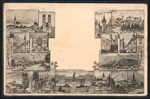 AK Stuttgart, Werbekarte des AK-Verlags H. Stölzer, Hotel Linderhof, München Bavaria Ruhmeshalle, Wendelstein