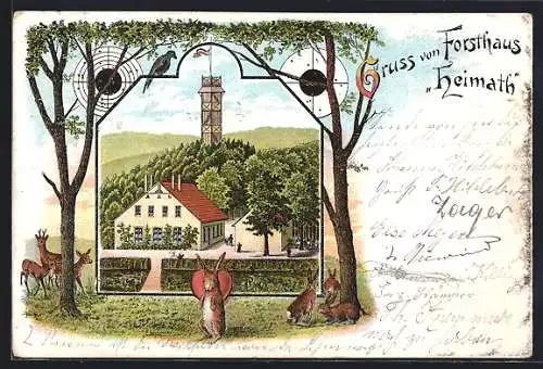 Lithographie Bad Lippspringe, Gasthof Forsthaus Heimath mit Aussichtsturm, Hasen und Rehe