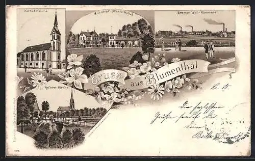 Lithographie Blumenthal / Hannover, Bahnhof, Katholische Kirche, Reform Kirche, Bremer Woll-Kämmerei