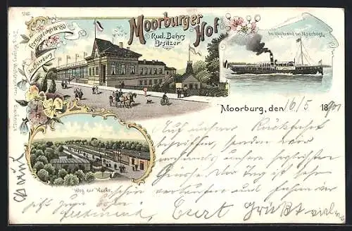 Lithographie Hamburg-Moorburg, Gasthaus Moorburger Hof, Weg zur Haake, Im Köhlbrand mit Dampfer