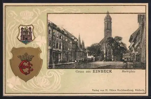 Passepartout-Lithographie Einbeck, Marktplatz mit Kirche, Wappen