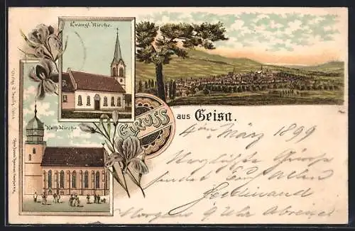 Lithographie Geisa, Evangl. Kirche, Kath. Kirche, Ortsansicht aus der Vogelschau