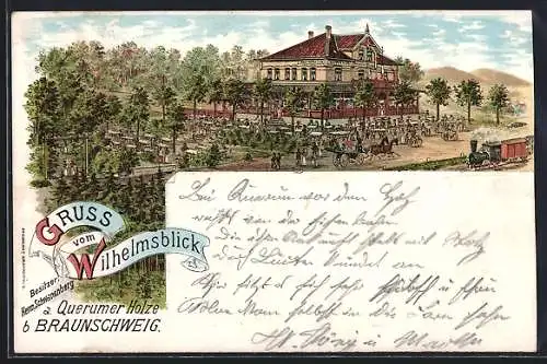 Lithographie Braunschweig, Restaurant-Kurhaus Wilhelmsblick v. Herm. Schwanenberg, am Querumer Holz