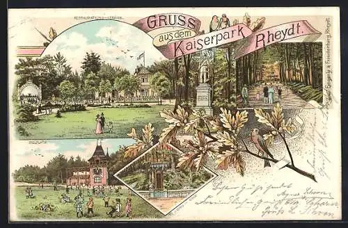 Lithographie Rheydt, Restaurant Kaiserpark, Spielplatz, Burg-Ruine, Denkmal