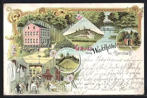 Lithographie Rheinbach, Ansichten vom Waldhotel, Diana Tempelchen