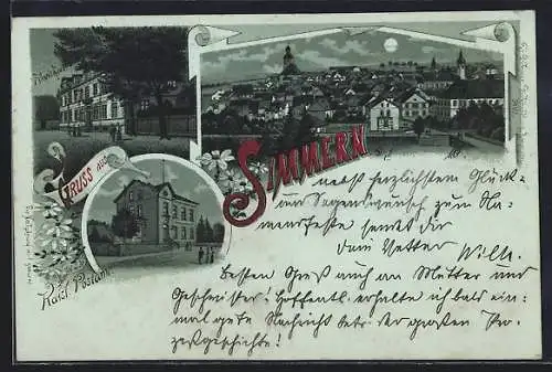 Mondschein-Lithographie Simmern / Hunsrück, Kaiserliches Postamt, Kreishaus, Gesamtansicht