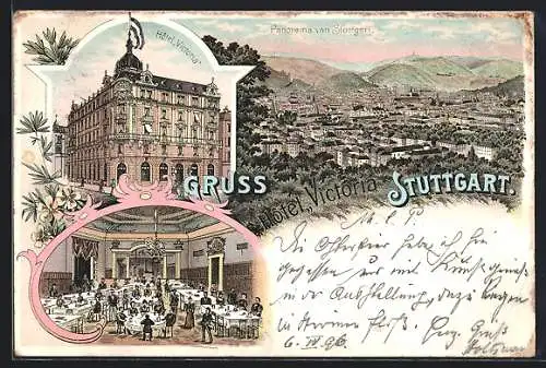 Lithographie Stuttgart, Hotel Victoria, Panorama der Stadt