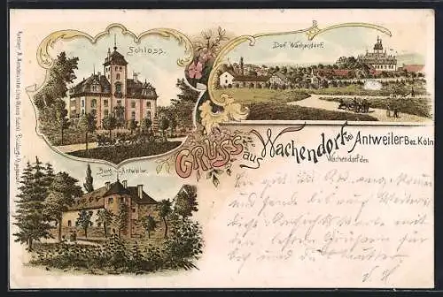 Lithographie Wachendorf bei Euskirchen, Burg-Antweiler, Dorfansicht, Schloss