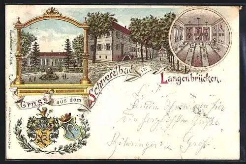 Lithographie Langenbrücken, Das Schwefelbad mit Versammlungssaal