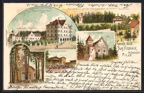 Lithographie München-Giesing, Gasthaus Burg Fichteneck, Tegernseer Landstrasse 189