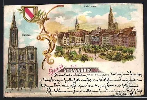 Lithographie Strassburg, Münster und Kleberplatz