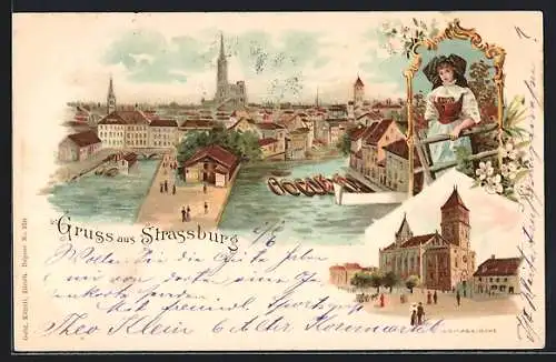 Lithographie Strassburg, Thomaskirche, Blick zum Ort, Frau in Tracht