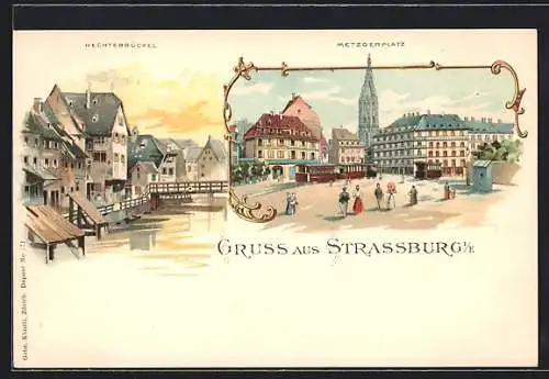 Lithographie Strassburg, Metzgerplatz und Hechtebrückel