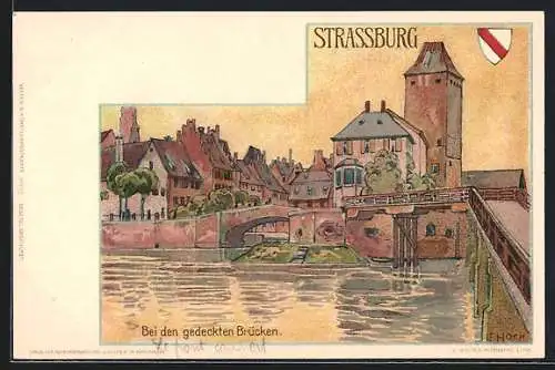 Künstler-Lithographie Franz Xaver Hoch: Strassburg, Ortspartie bei den drei gedeckten Brücken, Wappen