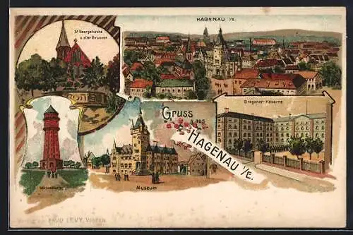 Lithographie Hagenau, Dragoner-Kaserne, Wasserturm, St. Georgskirche & alter Brunnen, Museum