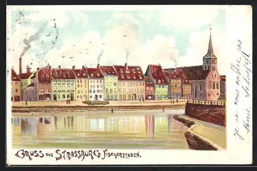 Lithographie Strassburg, Blick auf Fischerstaden